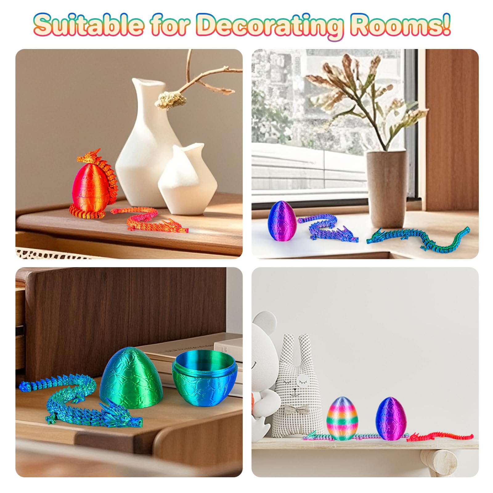 3Dgenius 4Pcs 3D Printed Dragon Eggs with Articulated Dragon Inside, 8.86" Flexible Mystery Dragon Toy Set, Cool Fidget Toys for Kids & Adults, Fantasy Home Decor, Easter Christmas Birthday Gift
