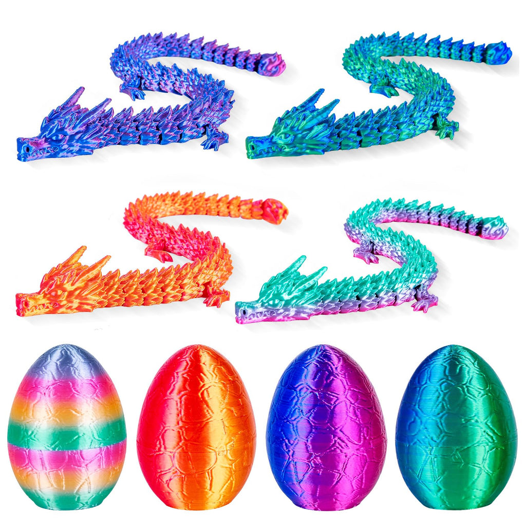 3Dgenius 4Pcs 3D Printed Dragon Eggs with Articulated Dragon Inside, 8.86" Flexible Mystery Dragon Toy Set, Cool Fidget Toys for Kids & Adults, Fantasy Home Decor, Easter Christmas Birthday Gift