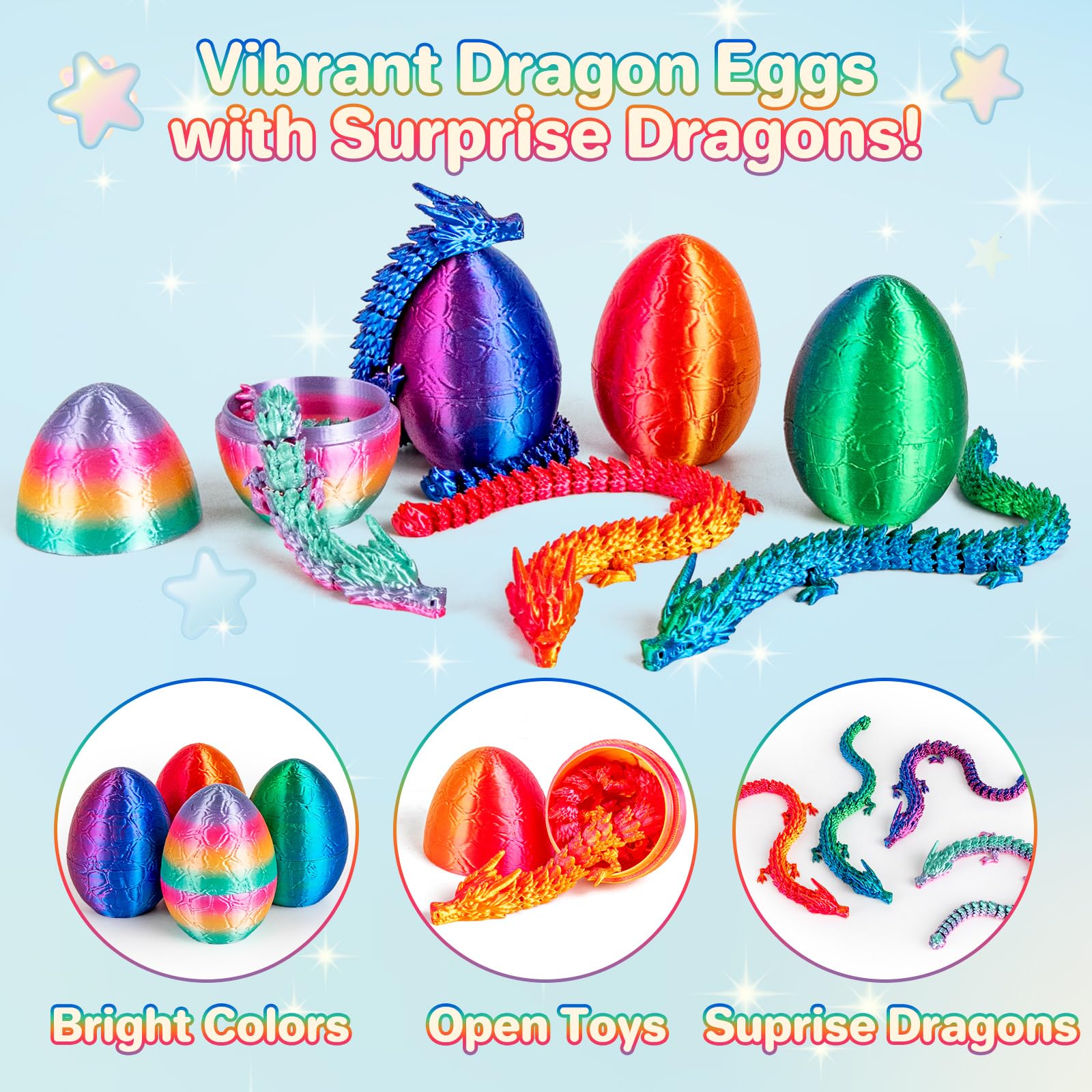 3Dgenius 4Pcs 3D Printed Dragon Eggs with Articulated Dragon Inside, 8.86" Flexible Mystery Dragon Toy Set, Cool Fidget Toys for Kids & Adults, Fantasy Home Decor, Easter Christmas Birthday Gift