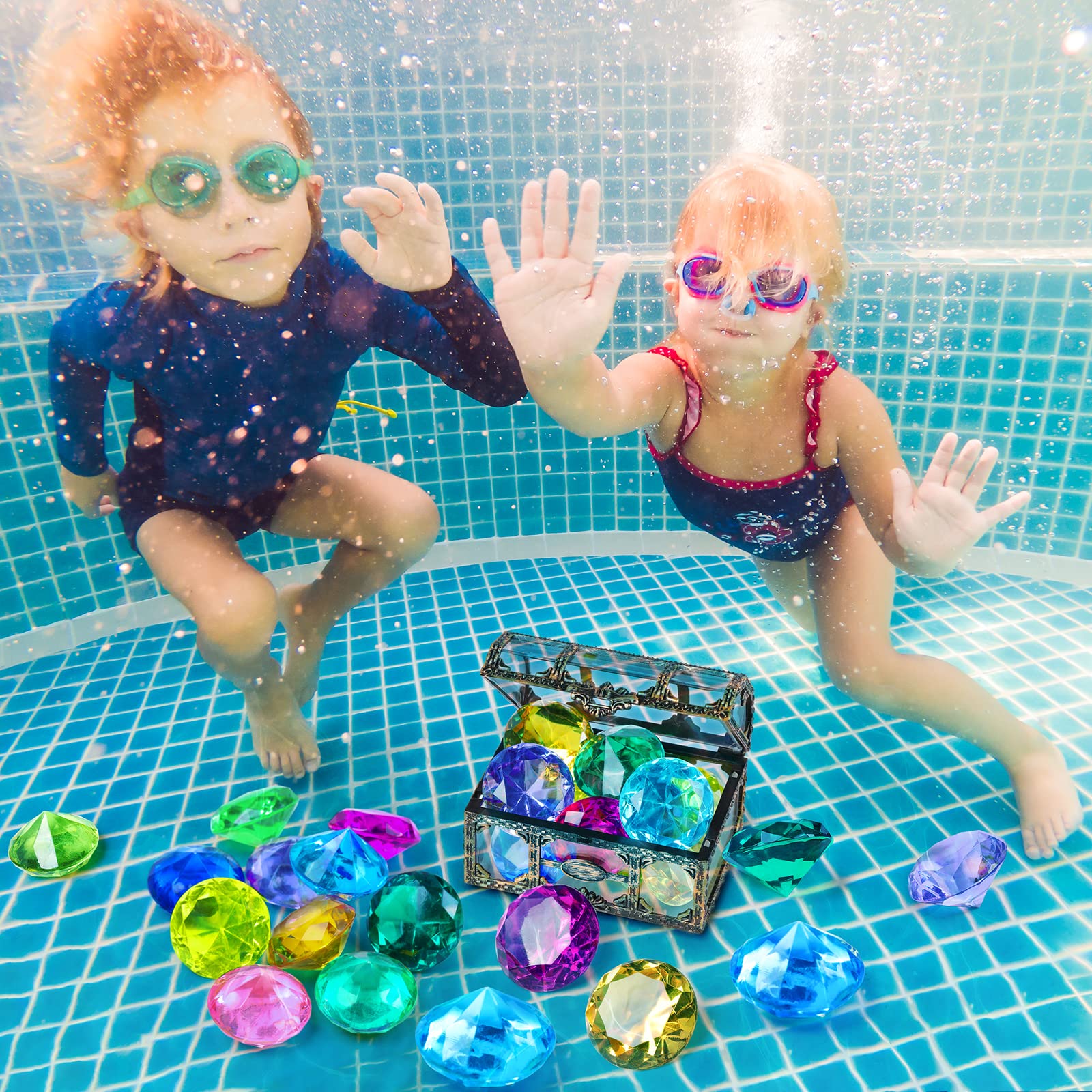 Diving Gem Pool Toy 10PCS DISHIO Big Colorful Diamond Diving Toy with Treasure Box Chest Pirate Pool Toys for Kids Toddlers Underwater Sinking Dive Gemstone for Swimming Bath Birthday Party Decoration