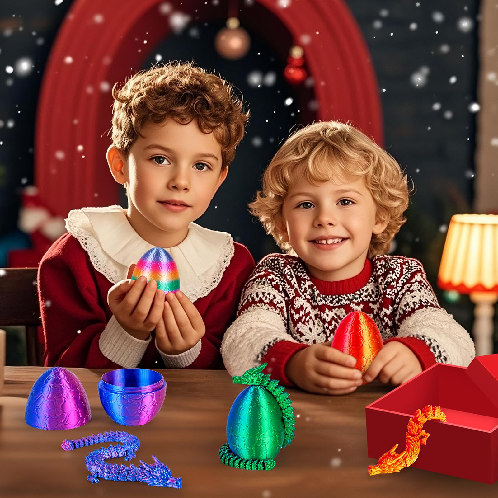 3Dgenius 4Pcs 3D Printed Dragon Eggs with Articulated Dragon Inside, 8.86" Flexible Mystery Dragon Toy Set, Cool Fidget Toys for Kids & Adults, Fantasy Home Decor, Easter Christmas Birthday Gift