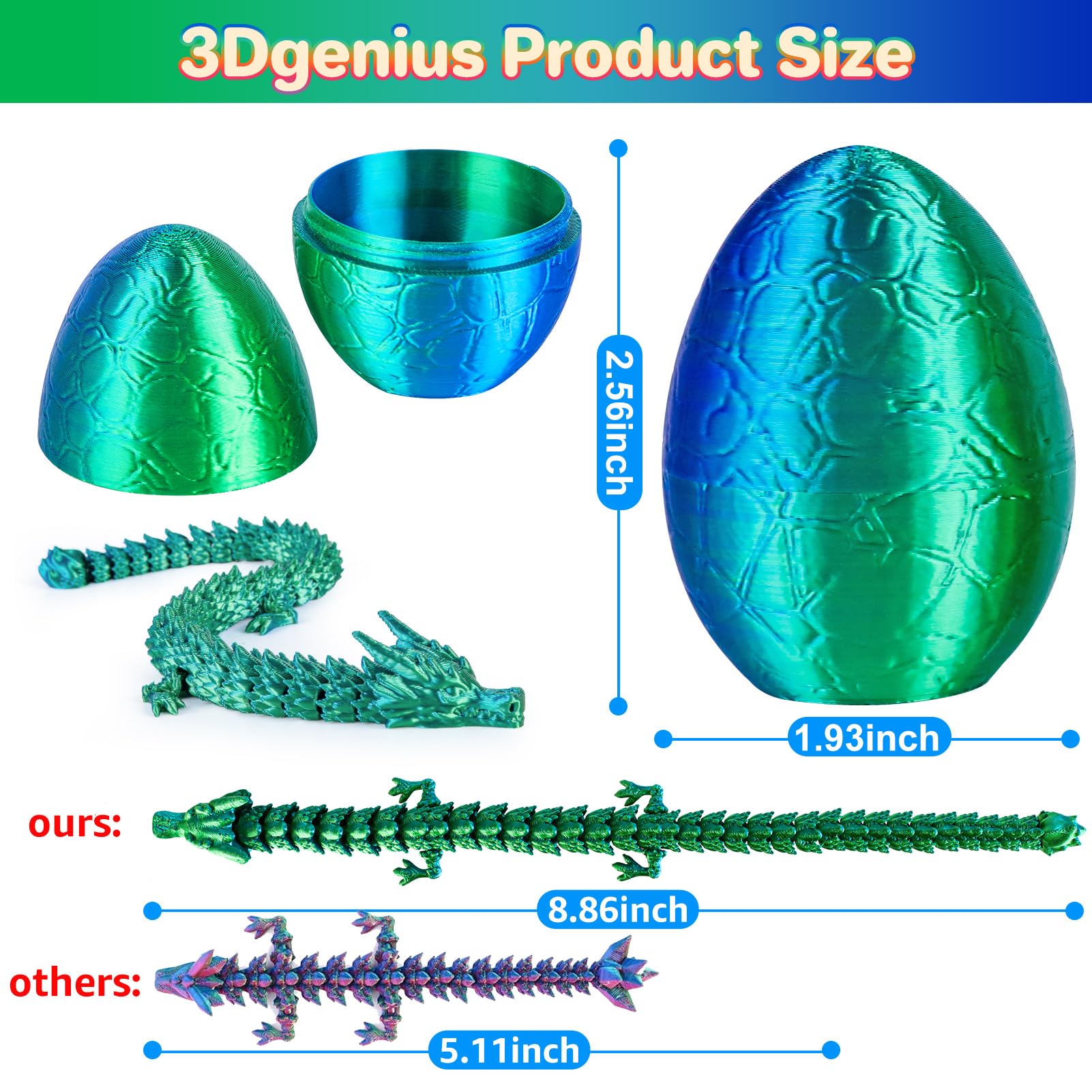 3Dgenius 4Pcs 3D Printed Dragon Eggs with Articulated Dragon Inside, 8.86" Flexible Mystery Dragon Toy Set, Cool Fidget Toys for Kids & Adults, Fantasy Home Decor, Easter Christmas Birthday Gift