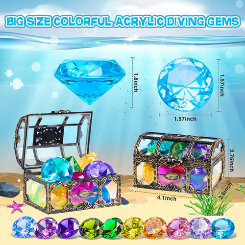 Diving Gem Pool Toy 10PCS DISHIO Big Colorful Diamond Diving Toy with Treasure Box Chest Pirate Pool Toys for Kids Toddlers Underwater Sinking Dive Gemstone for Swimming Bath Birthday Party Decoration